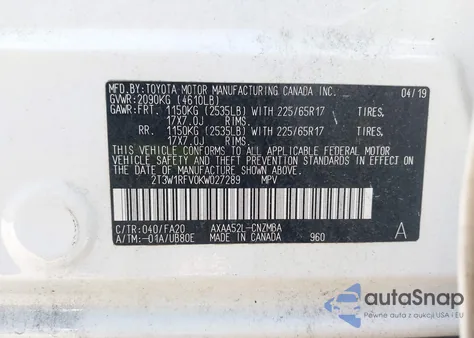 2019 Toyota Rav4 Xle z USA, uszkodzony, nr VIN 2T3W1RFV0KW027289